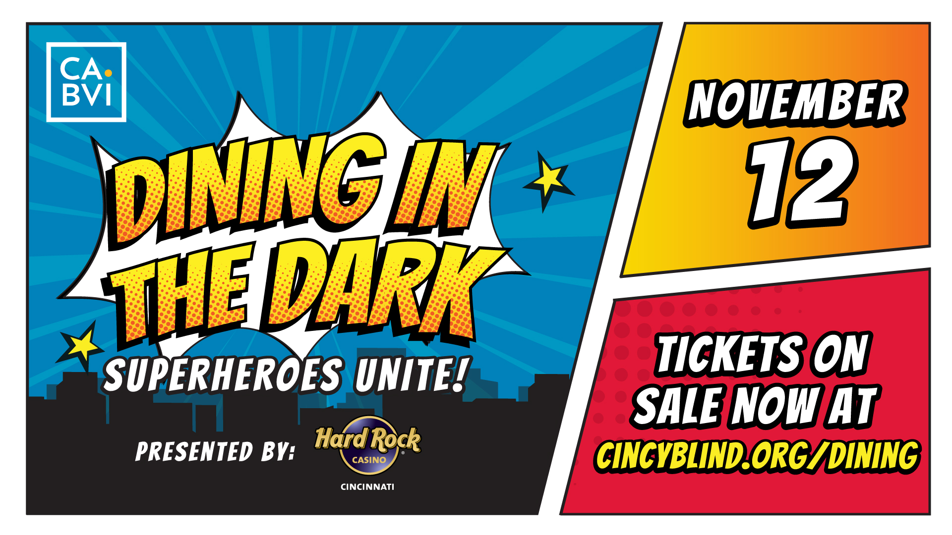 promo image for dining in the dark 2022, superheroes unite!